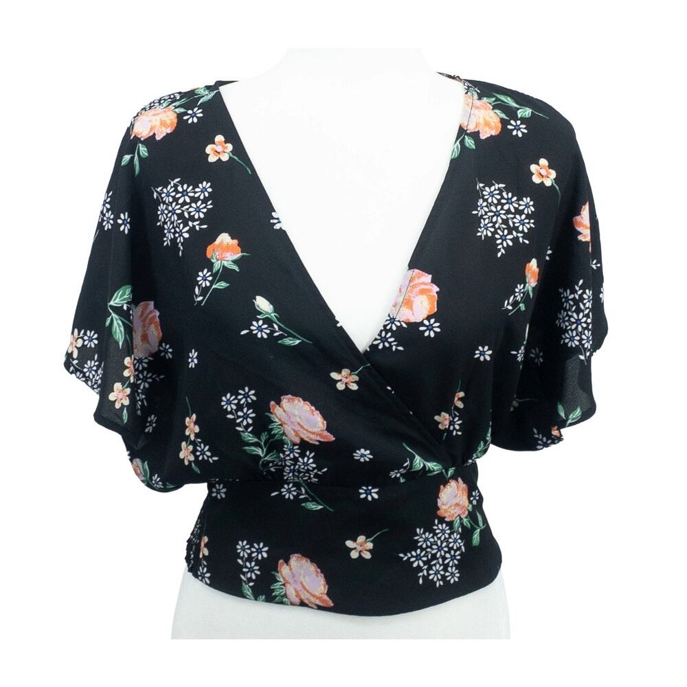 Living Doll Black Floral Wrap Blouse Small Smocked Crop Top